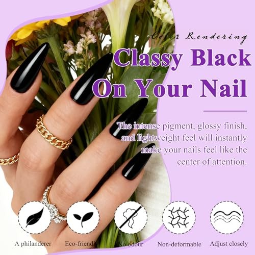 144pc Black Stiletto Fake Nails, Long Pointy Acrylic Nails for Women Girls