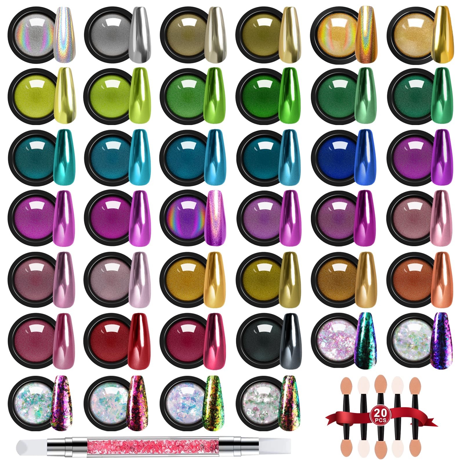 Mirror Chrome Nail Powder Kit, 40 Colors for Nail Art