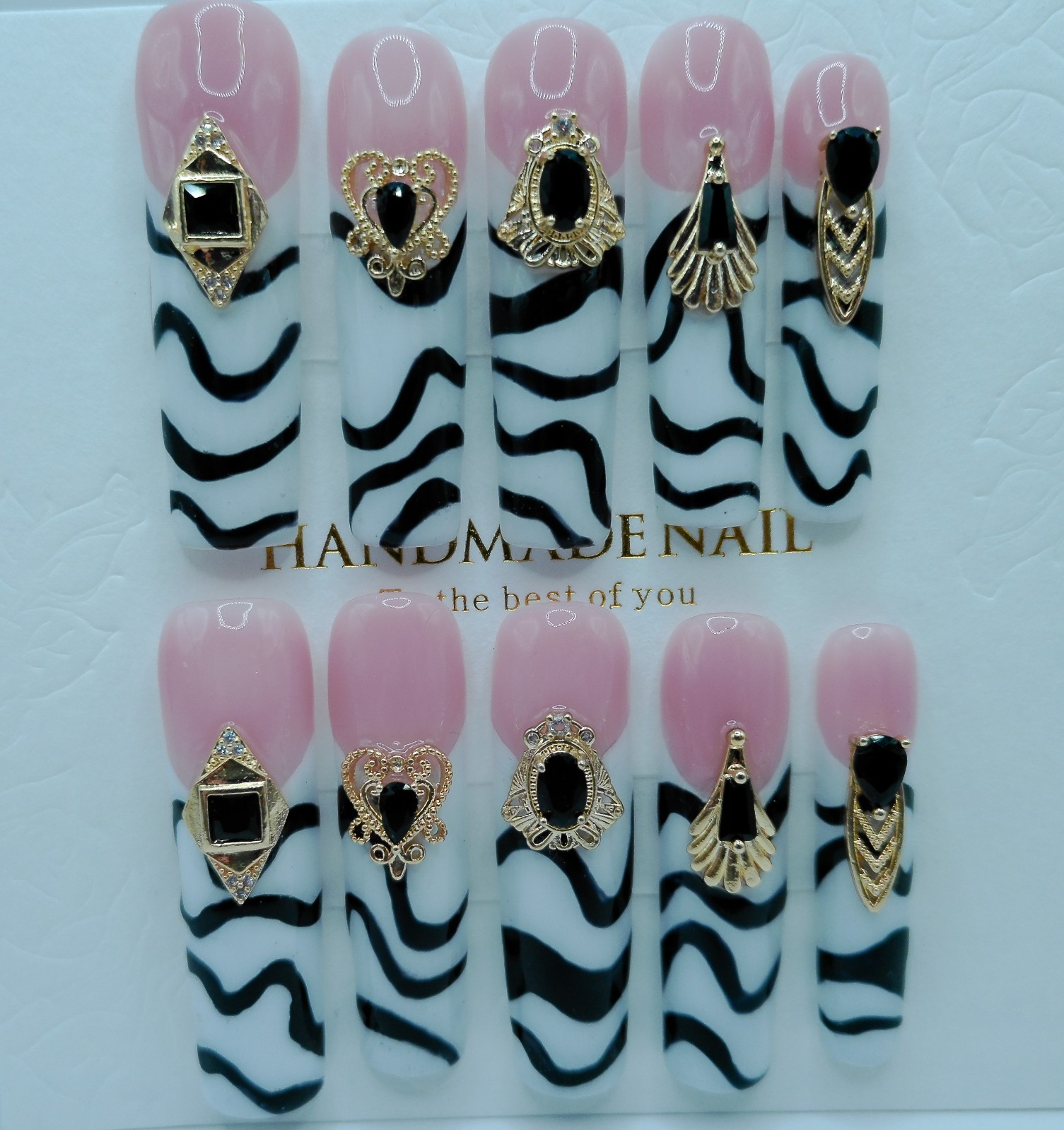 XXX Long Square Press-On Nails, Medium Size Black and White French, Luxury Gems