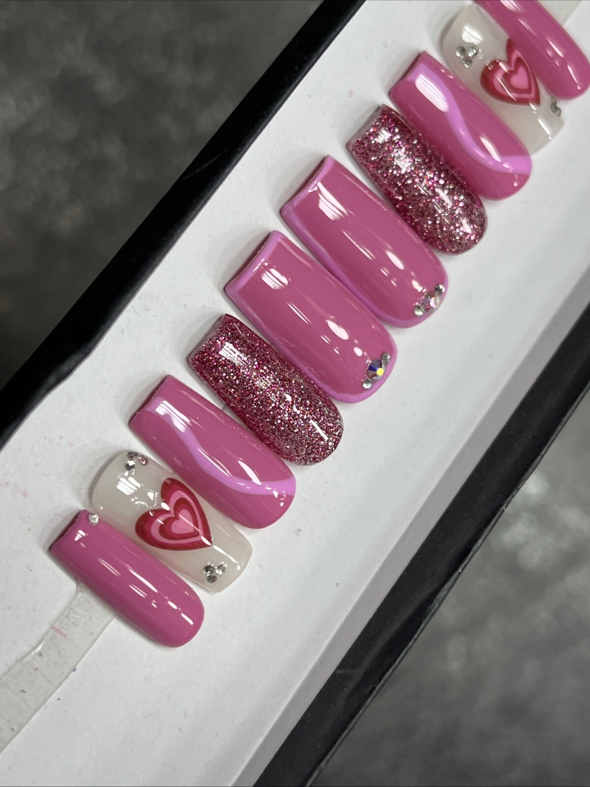 🤍 CUSTOM Hard Gel Press On Nails, Flower Pink Nude BLING 10p FULL SET W Kit