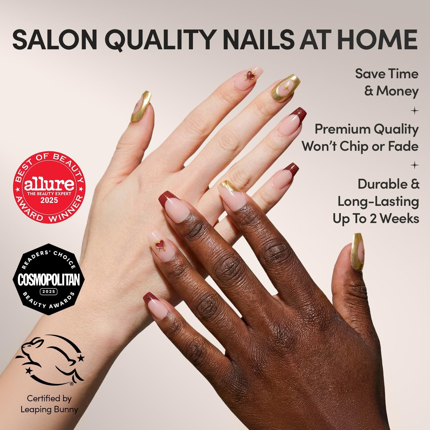 15 Sizes Queen of Hearts Nail Set – Gold Metallic, Red Tips