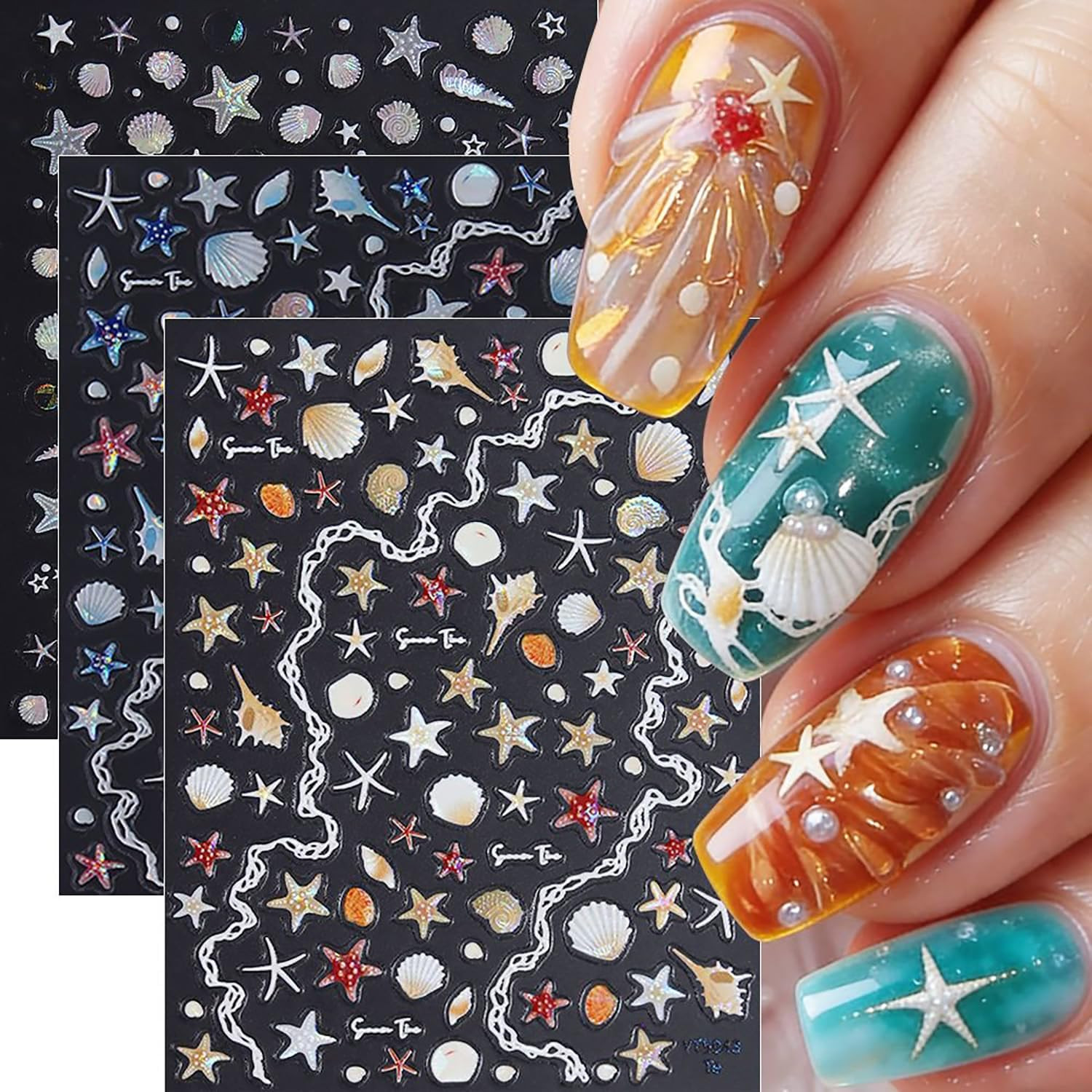 6 Sheets Stars Nail Art Stickers 3D Self -Adhesive Gold Silver White Black Laser