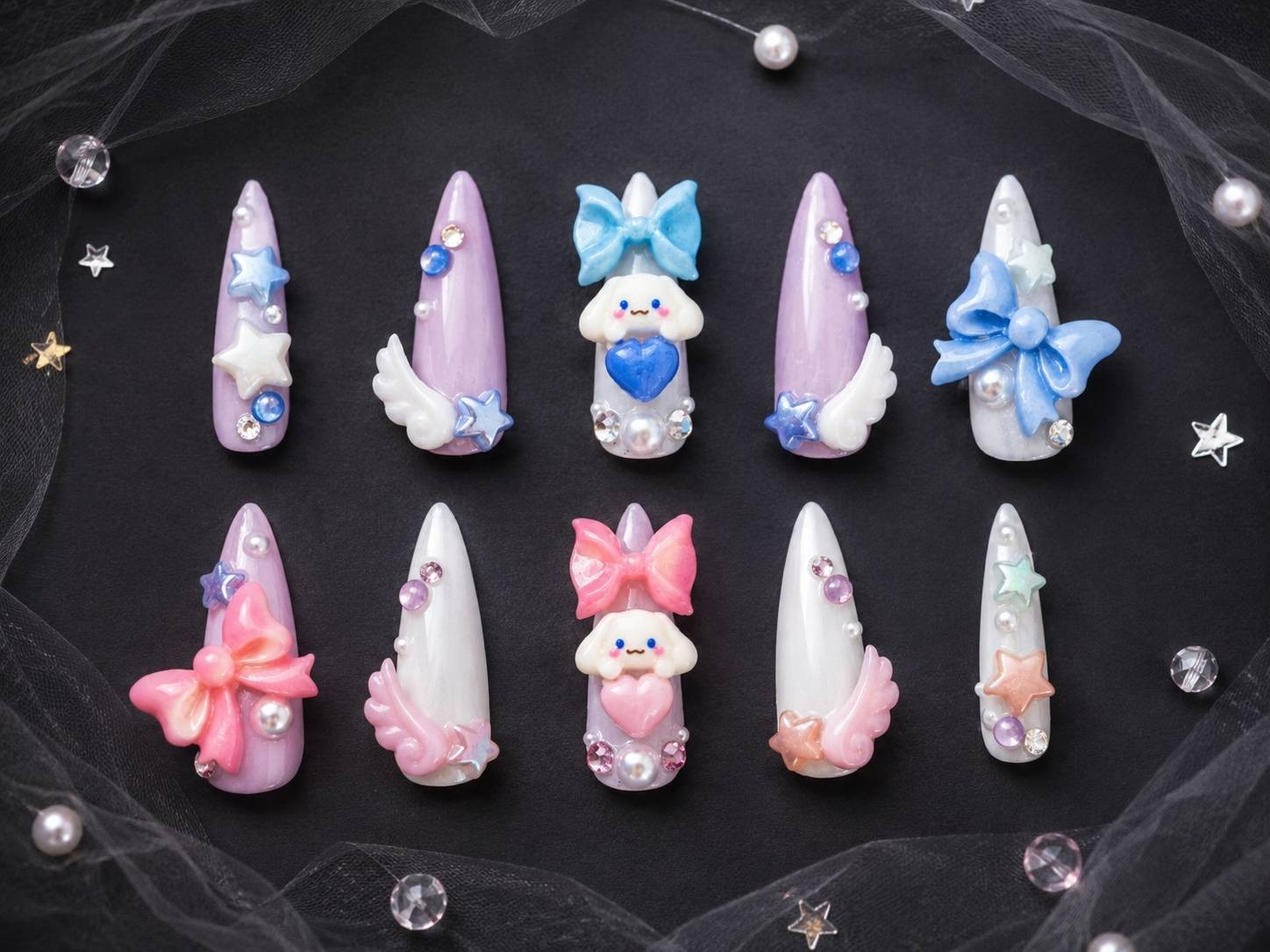 Japanese Handmade Kawaii 3D Character Press On Nails Blue & Pink Bow Nail Tips