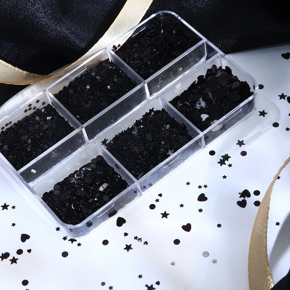 Black Star & Heart Shape Nail Glitter 6 Grids 3D Sequins for Nail Art Decoration