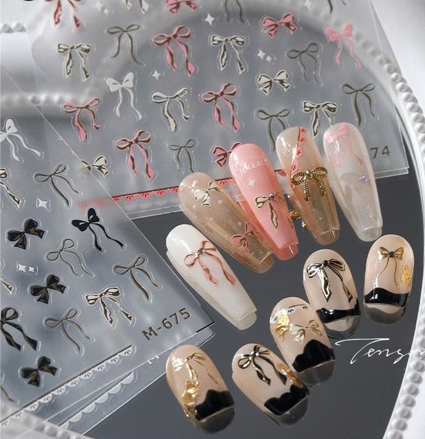 2sets Pink & Black Bow Nail Stickers 3D Coquette Ribbon Decals Y2K Nail Art DIY