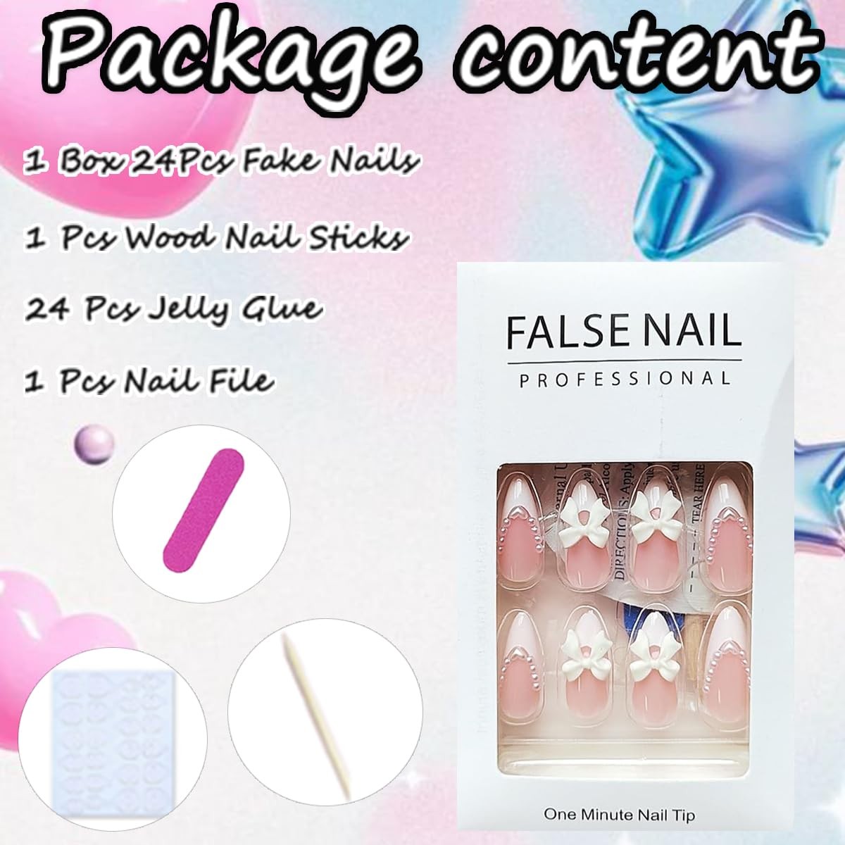24pcs Almond Shaped Artificial Nails – French 1 Ounce (Pack of 1), Multicolor
