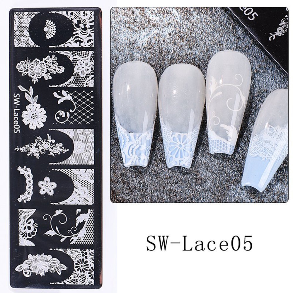 French Tip Lace Pattern Metal Nail Stamping Plate Seamless Lace Check Flowers