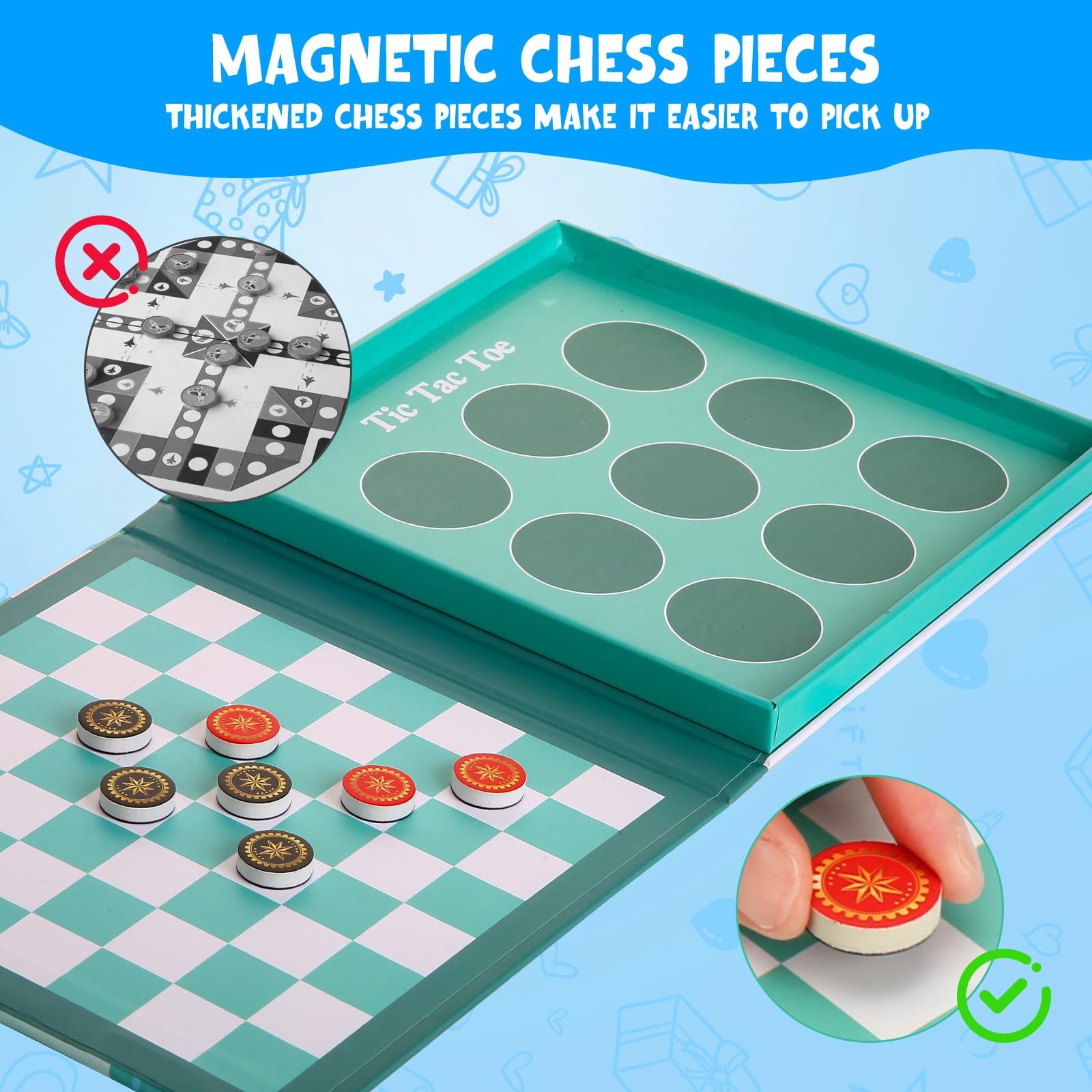 2-in-1 Magnetic Checkers & Tic-Tac-Toe Board Game | Portable,