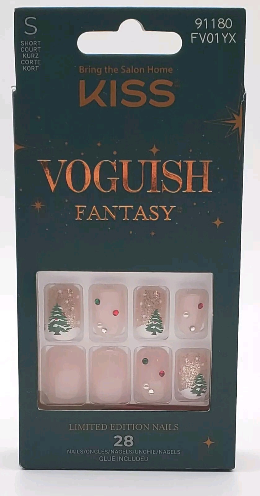 Kiss Voguish Fantasy Glue On Nail Short Nude with Red & Green Christmas Tree