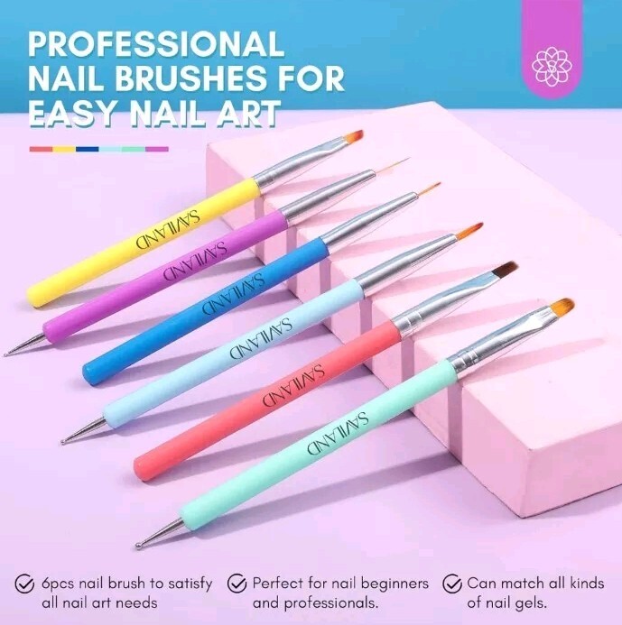 SAVILAND 6PCS Nail Art Brushes Set – Multifunctional Nail Brushes for Nail Ar…