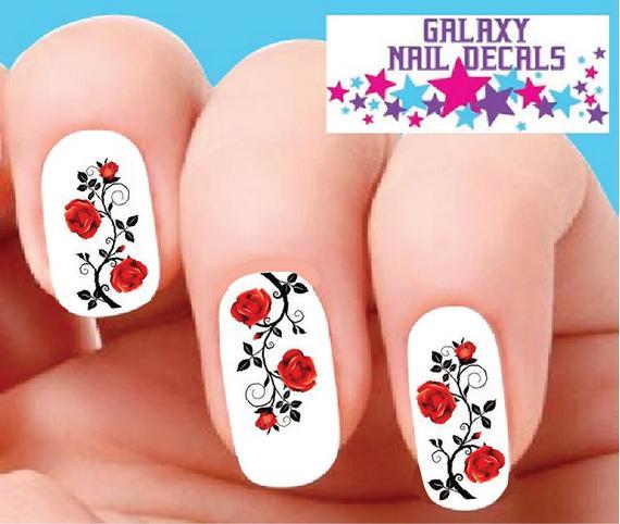 Waterslide Flowers Rose Decals – Set of 20 Red Roses Black Vines and Swirls