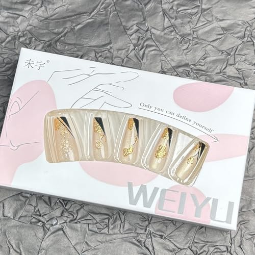 Press on Nails Square Fake Nails Gold Rose Flowers Acrylic Nails Medium Style 9