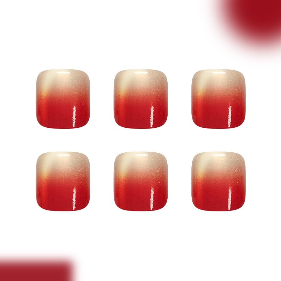 Red Ombre Press on Toenails Short Square Fake Toe Nails Wine Red Style 6