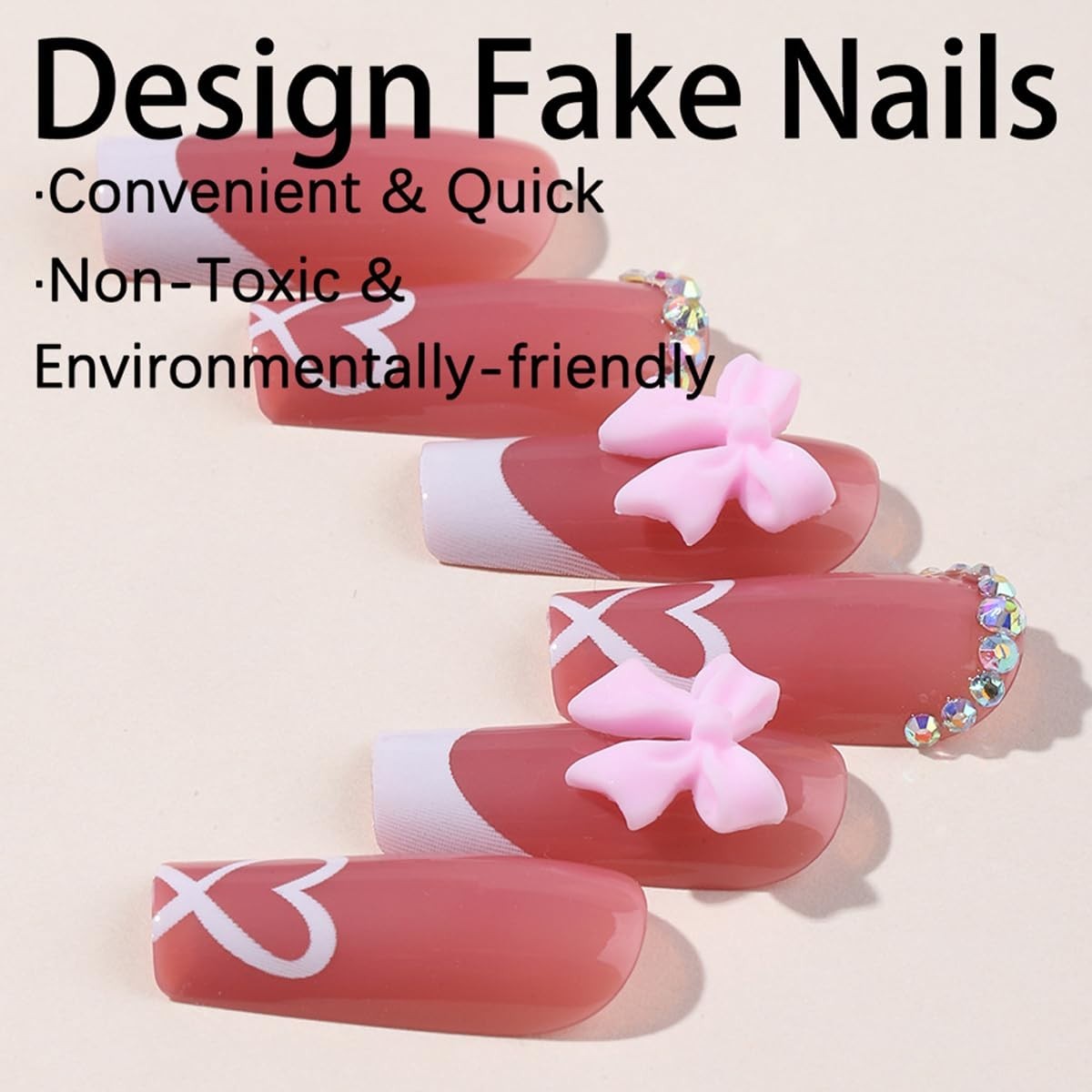 French Tip Press on Nails with Charms, Medium, Cute Bow, Long Square Shape, A…