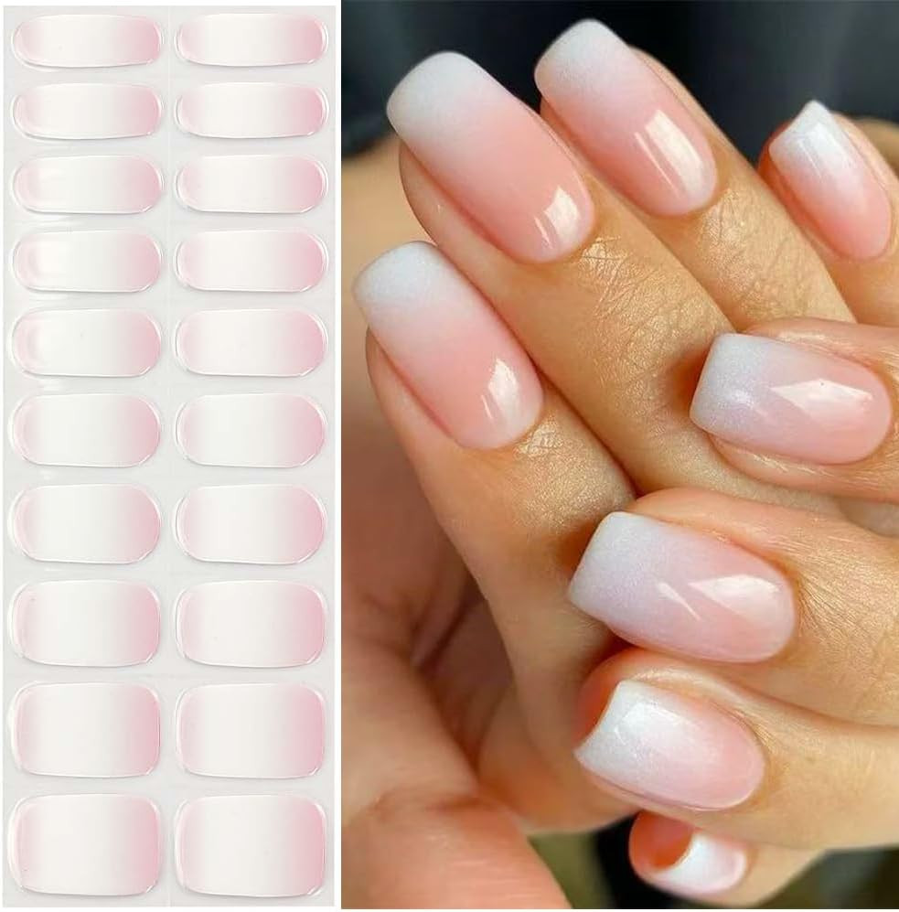 Semi Cured Gel Nail Strips 20 Pcs Gradient Pink Gel Nail Wraps, Stickers, UV