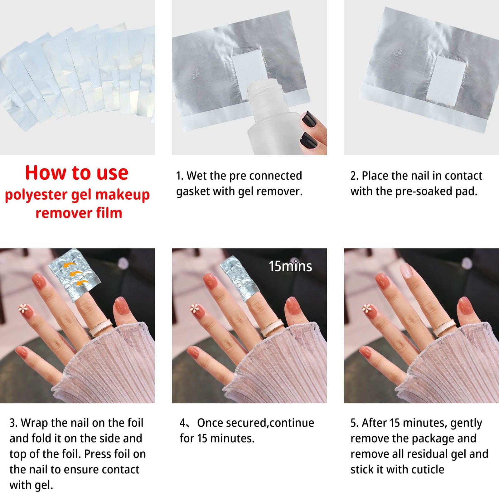 50 Pcs Gel Nail Polish Remover, Foil Wraps with Lint-free 50 Pieces, Silver