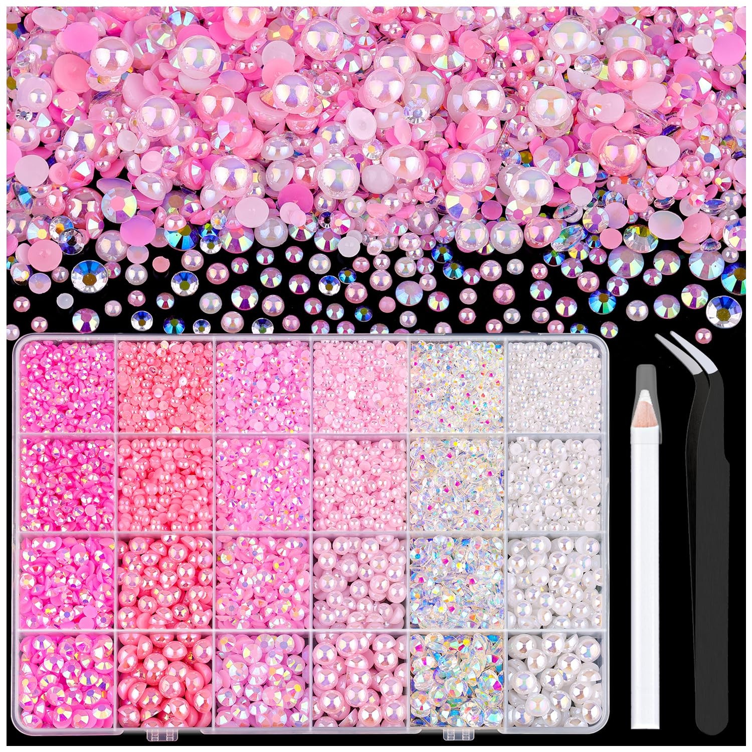 14000PCS Flatback Pearls and Pink Rhinestones for Bedazzling Kit, Pink White …