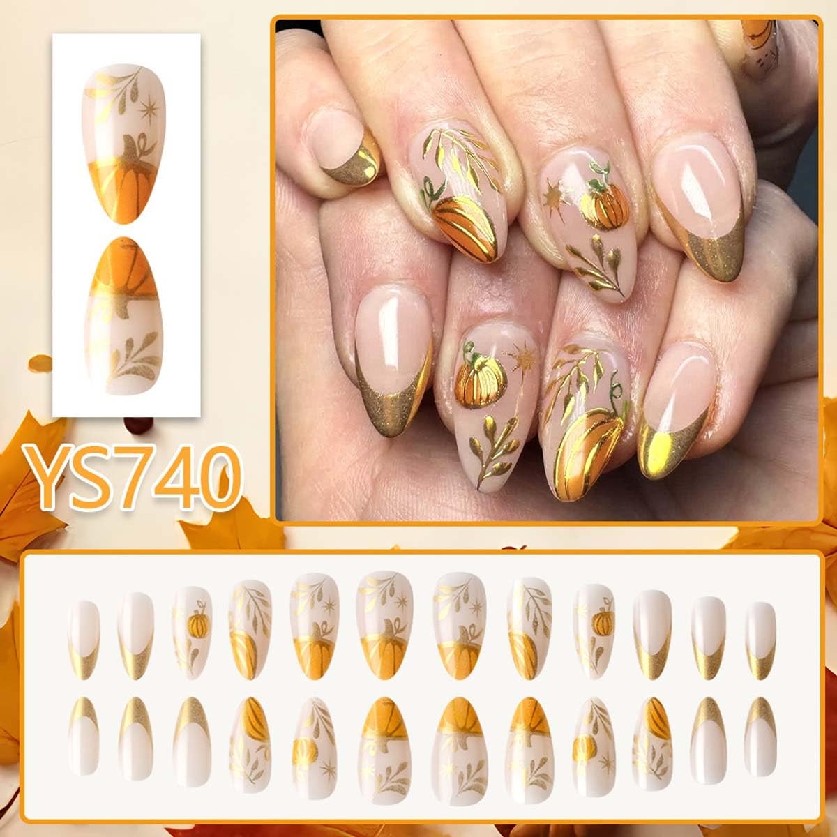 24Pcs French Tip Press on Nails Short Almond Gold Leaf Pumpkin Fake Nails Fal…