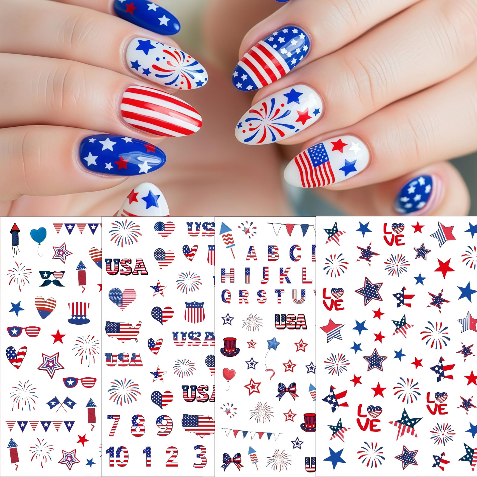 8 Sheets 4th of July Nail Stickers for Art About 3.7 x 3 inch, Colorful