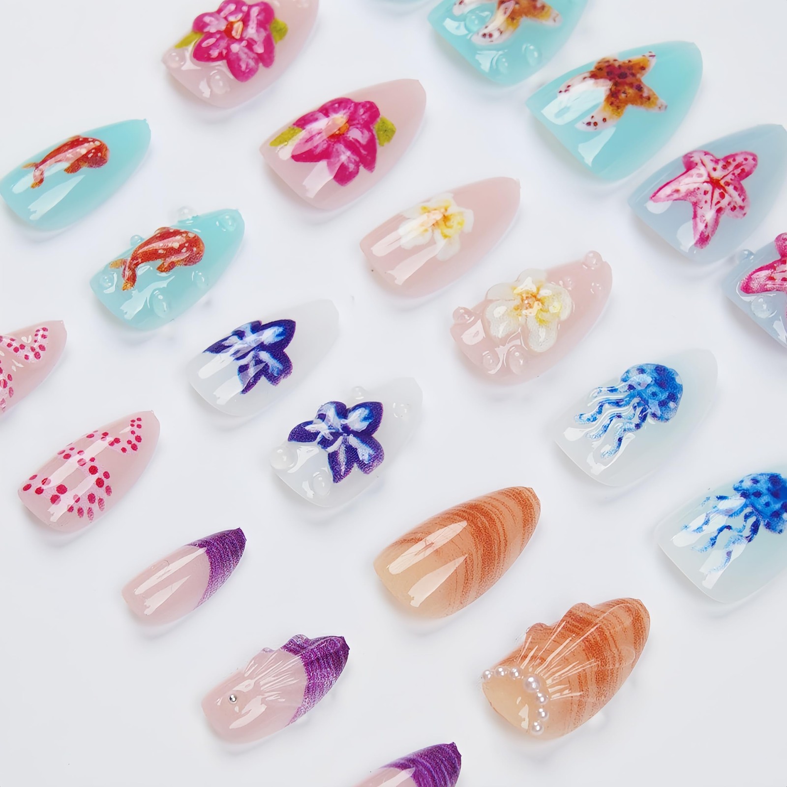 24Pcs Summer Beach Press on Nails Short Almond French Tips Fake Nails Colorfu…