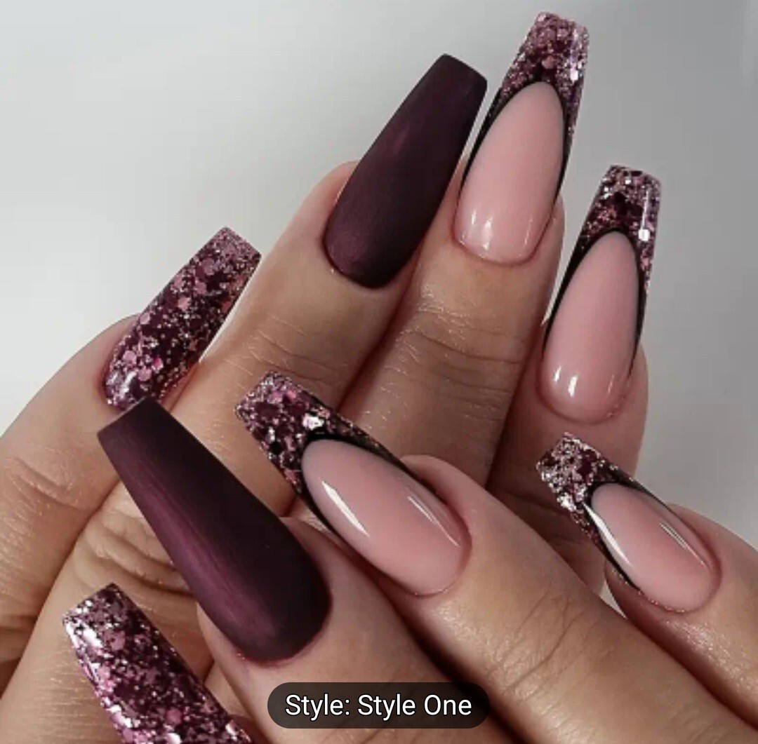 24pcs Set Glossy Glitter Shiny Coffin Long Dark Purple Press On Nails Kit 2