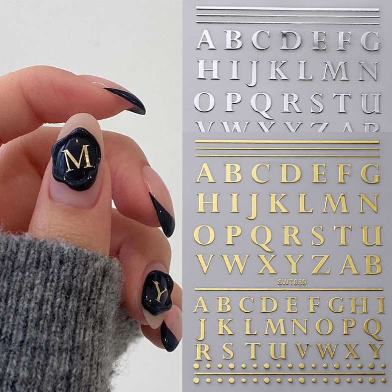 2 Sheets English Letter Number Nail Art Sticker Silver Gold Art Roman Decal NS20