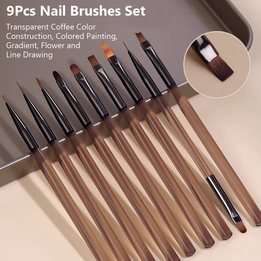 9Pcs Brown Nail Art Brush Set for Gel, Fine Line, Painting and Detail Work Pens