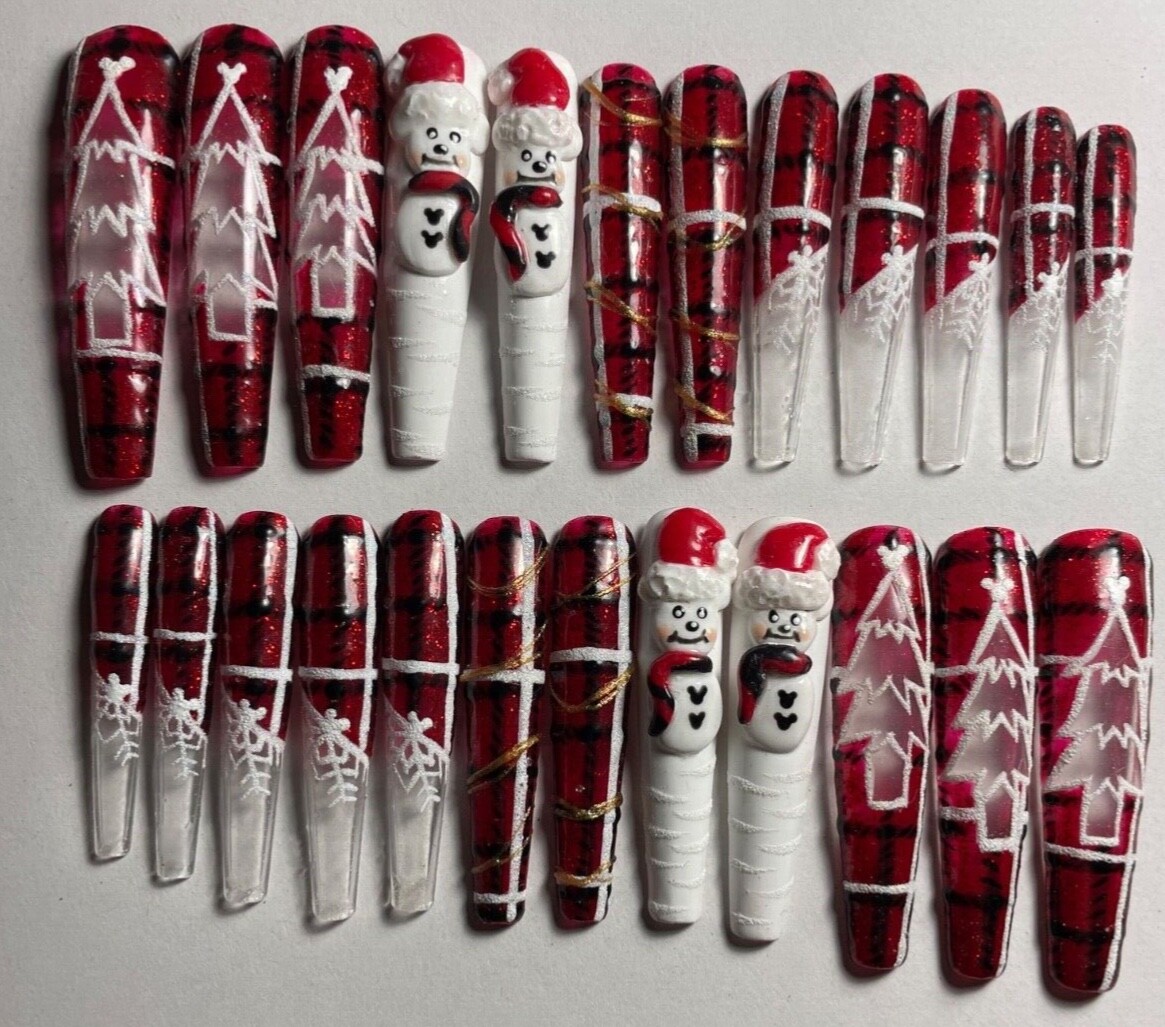 press on nails custom 24 3XL Christmas tree snowman 3-D coffin plaid red sparkle