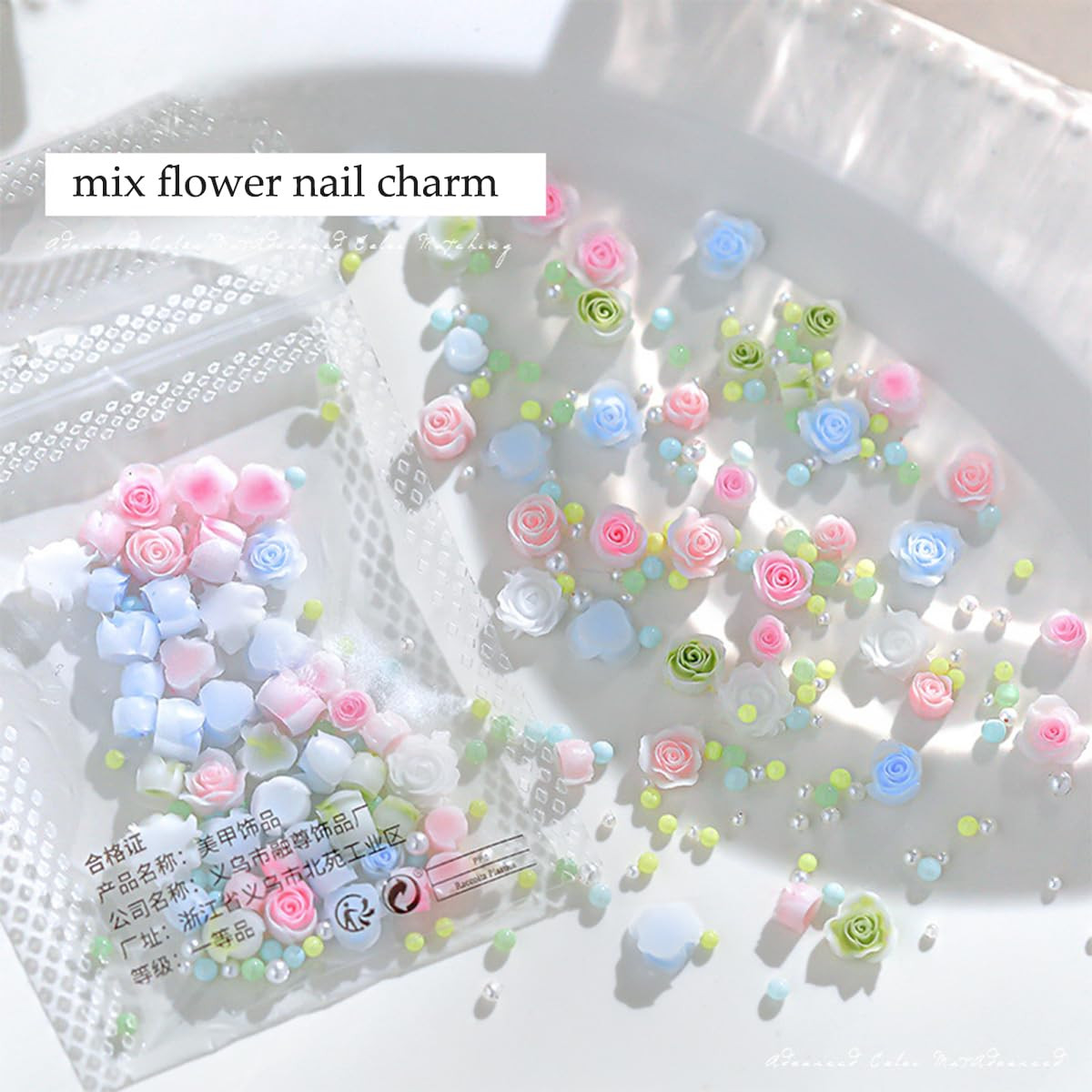 3D Flower Nail Charms, 80Pcs Mixed Pearl Flower Nail Art Rhinestones Blue Pink G