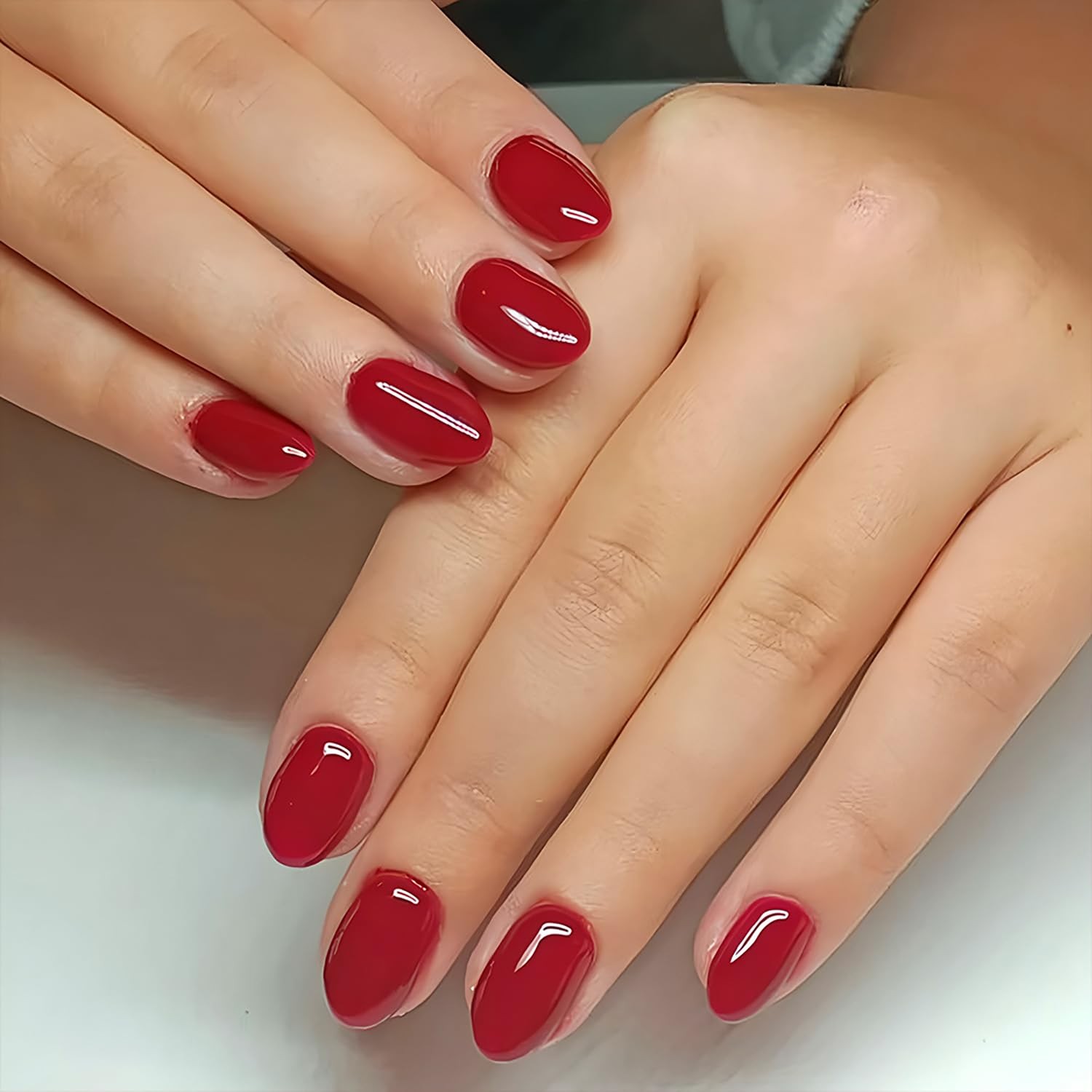 32Pcs Red Press on Nails Short Almond Fake Nails Solid Color Acrylic Nails Gl…