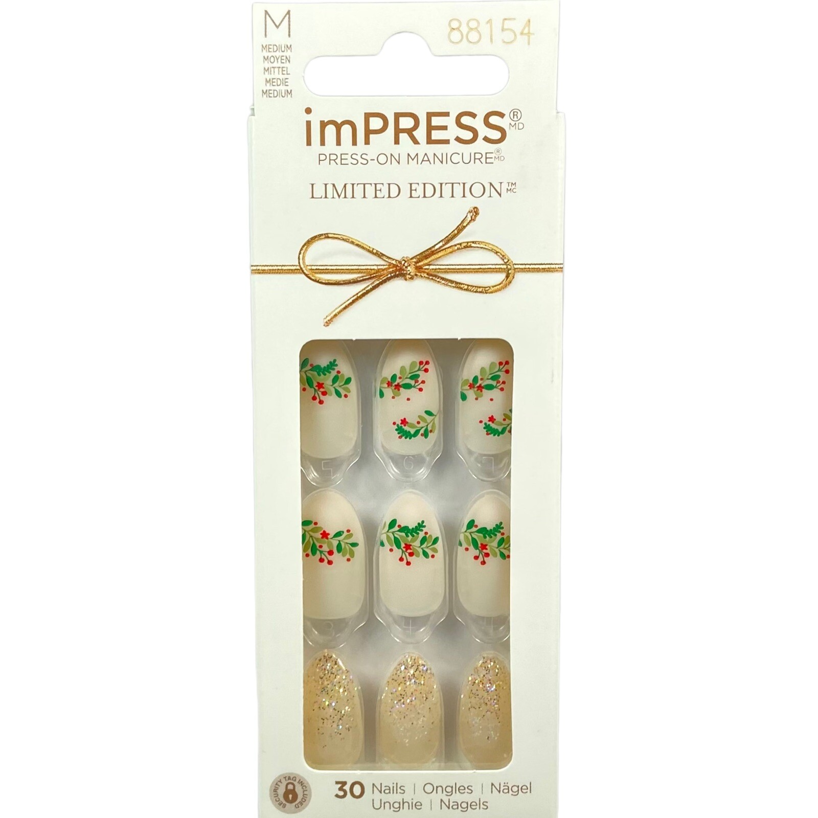 NEW Kiss Nails Impress Press Manicure Medium Almond Matte White Holly Christmas
