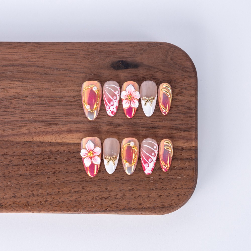 Handmade Press On Nails High Quality Pink Floral Gold Almond Fake Nails Gift