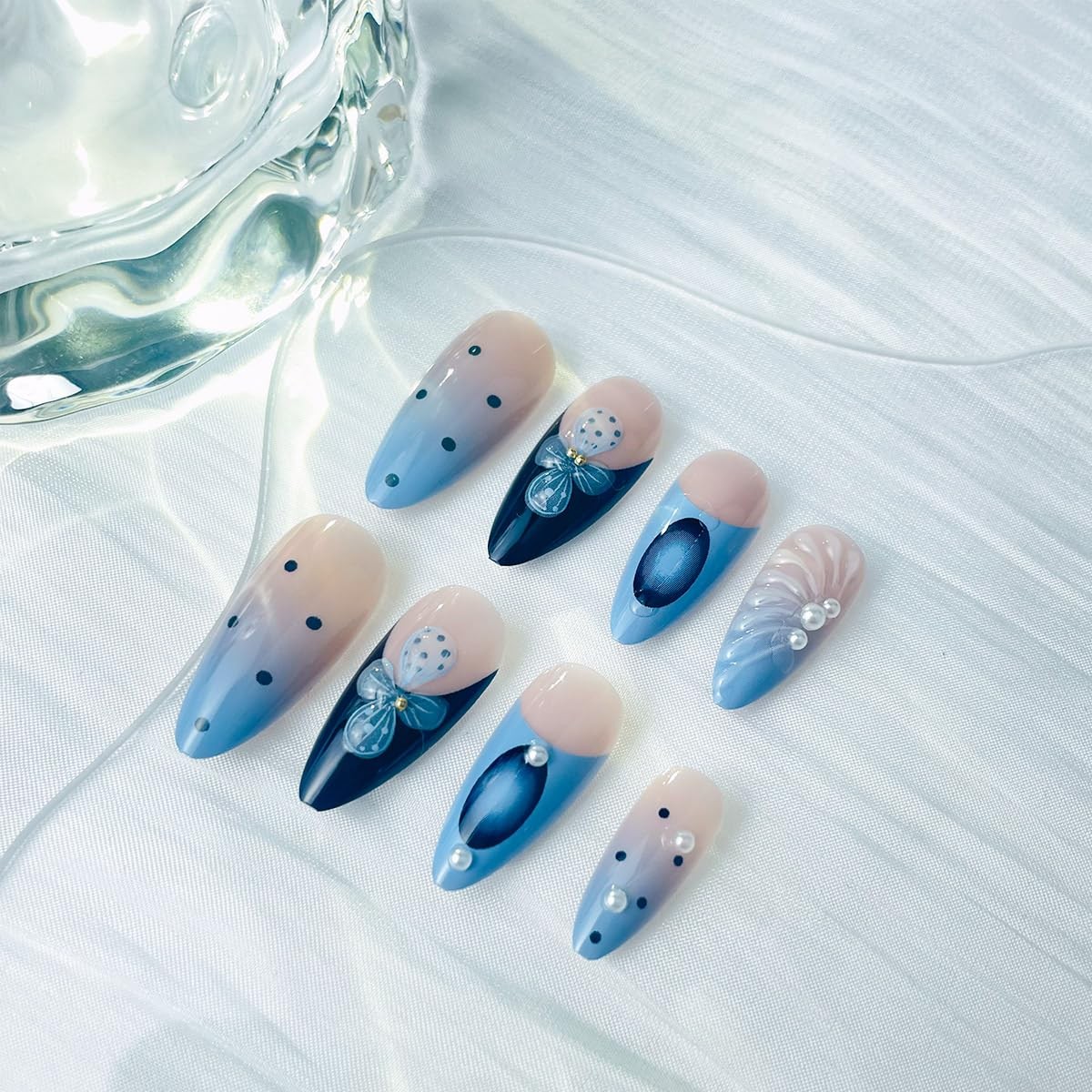 24Pcs French Tip Press On Nails Blue Black Long Almond Fake Nails Flower Fals…