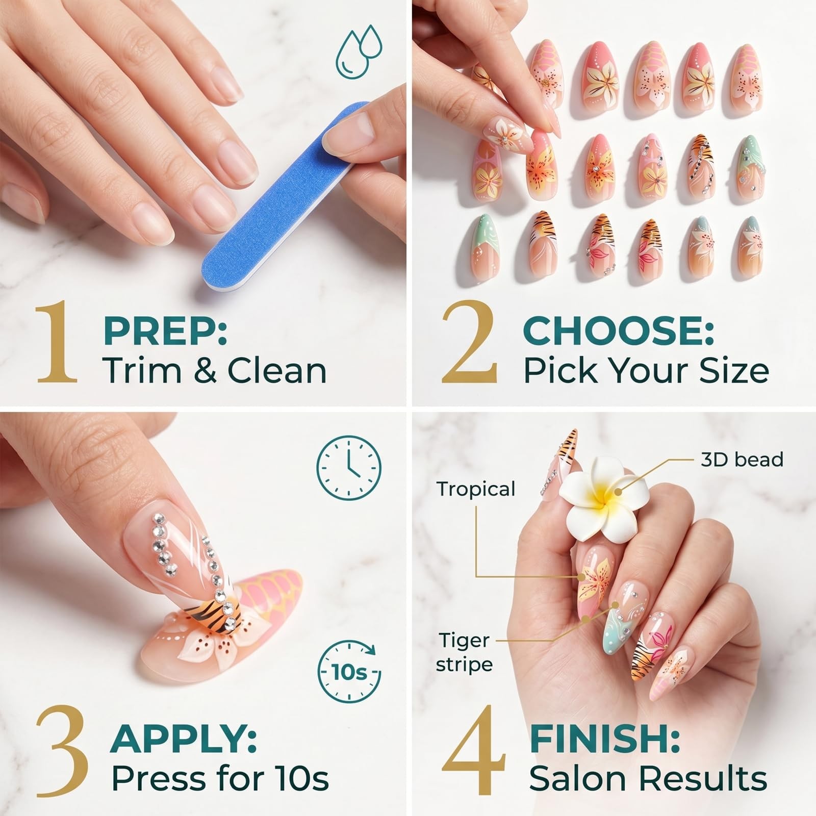24Pcs Long Press on Nails Almond – Elegant French Tip Fake Nails with Hawaii …