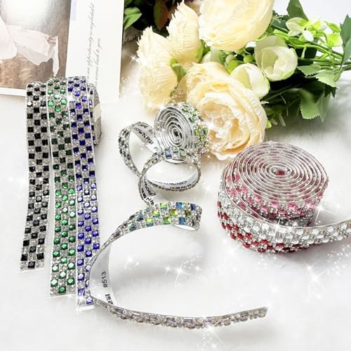 4Rolls Self Adhesive Crystal Rhinestone Strips, Glass Gems Rhinestone Red B