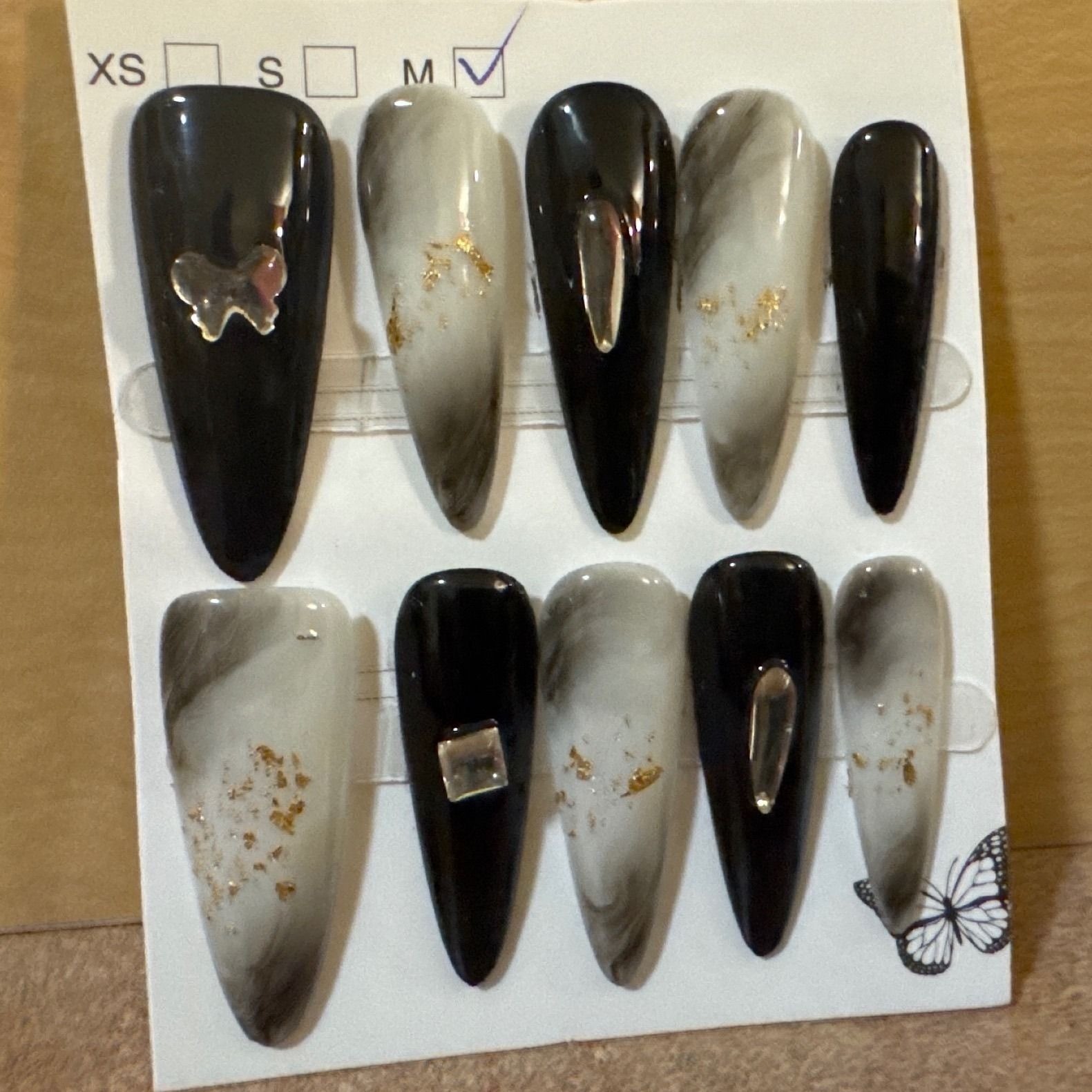 Black White Marble Press On Nails Gold Foil Butterfly Charms Stiletto Size M