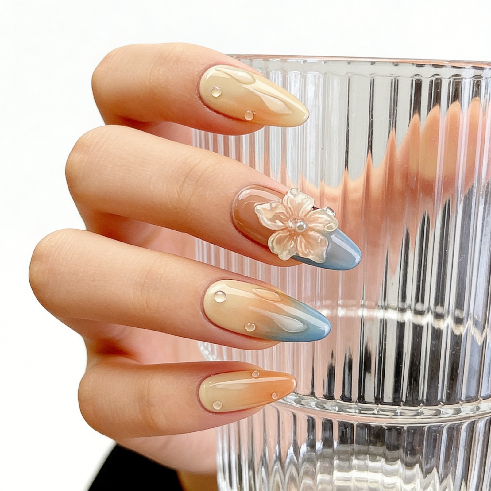 Blue Orange Flower Press On Nails Medium Almond 3D Waterdrop Glue On Set