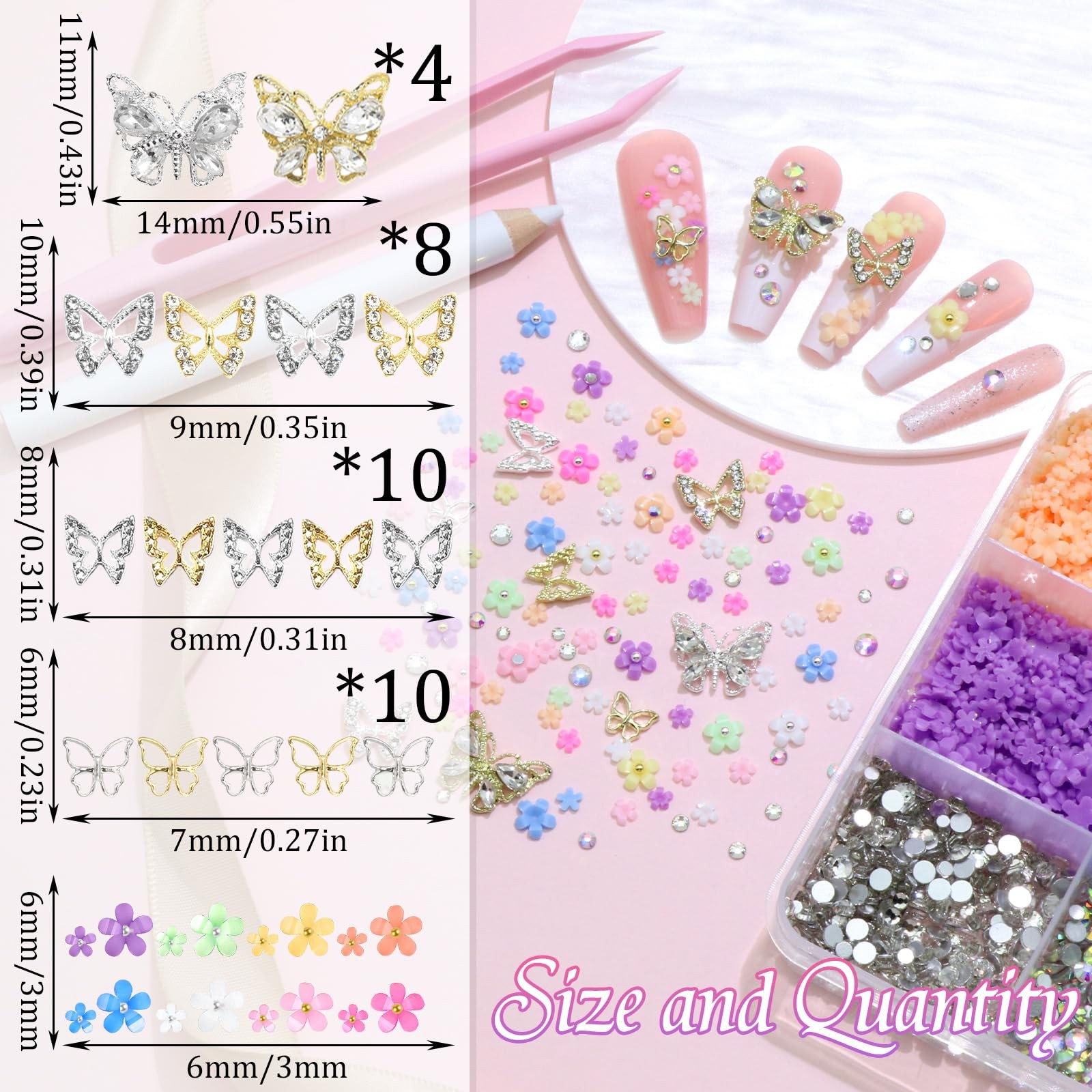 Flower Nail Charms Colorful 3D Flowers for Nails Metal Butterfly Nail Art Charms