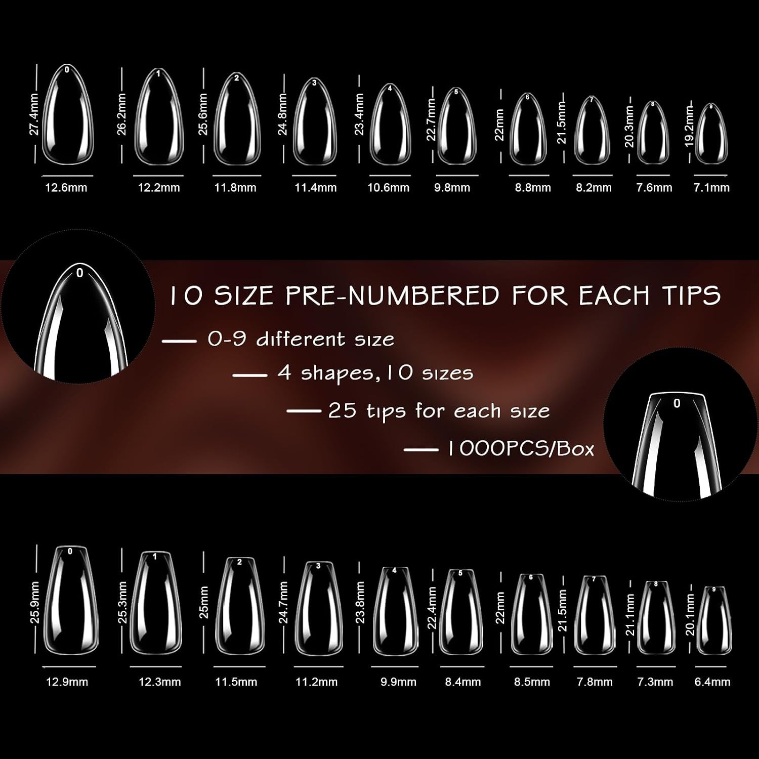 1000PCS Nail Tips Clear False Nails Full Cover for Acrylic Nails Kit 10 Sizes