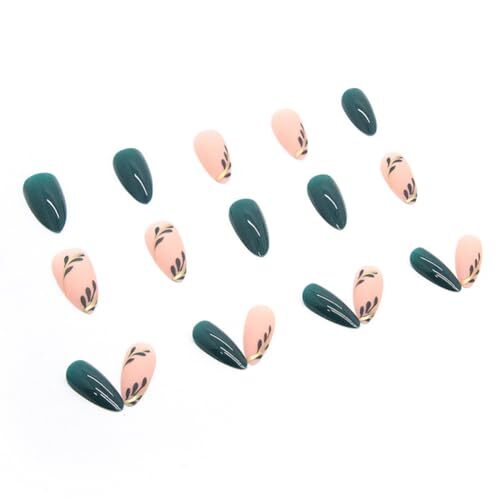 Almond Press on Nails Medium Fake Nails Acrylic False Nails with Dark Green