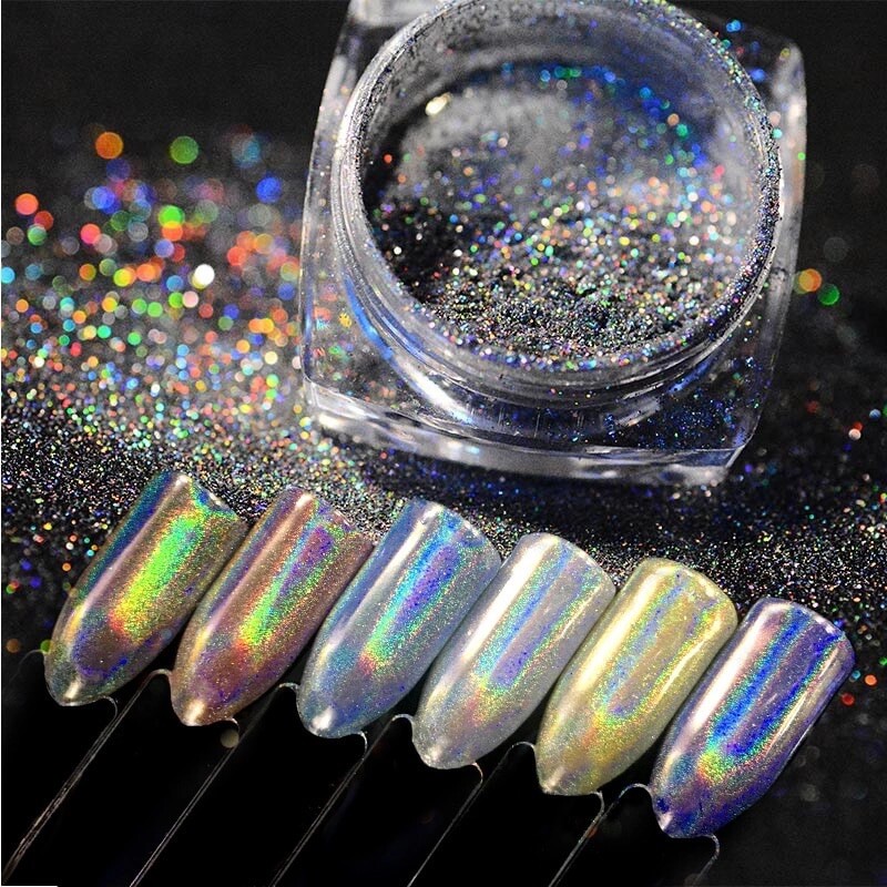 Nail Chrome Powder Rainbow Holographic KIT 15um Super Fine + Silicone Brush DIY