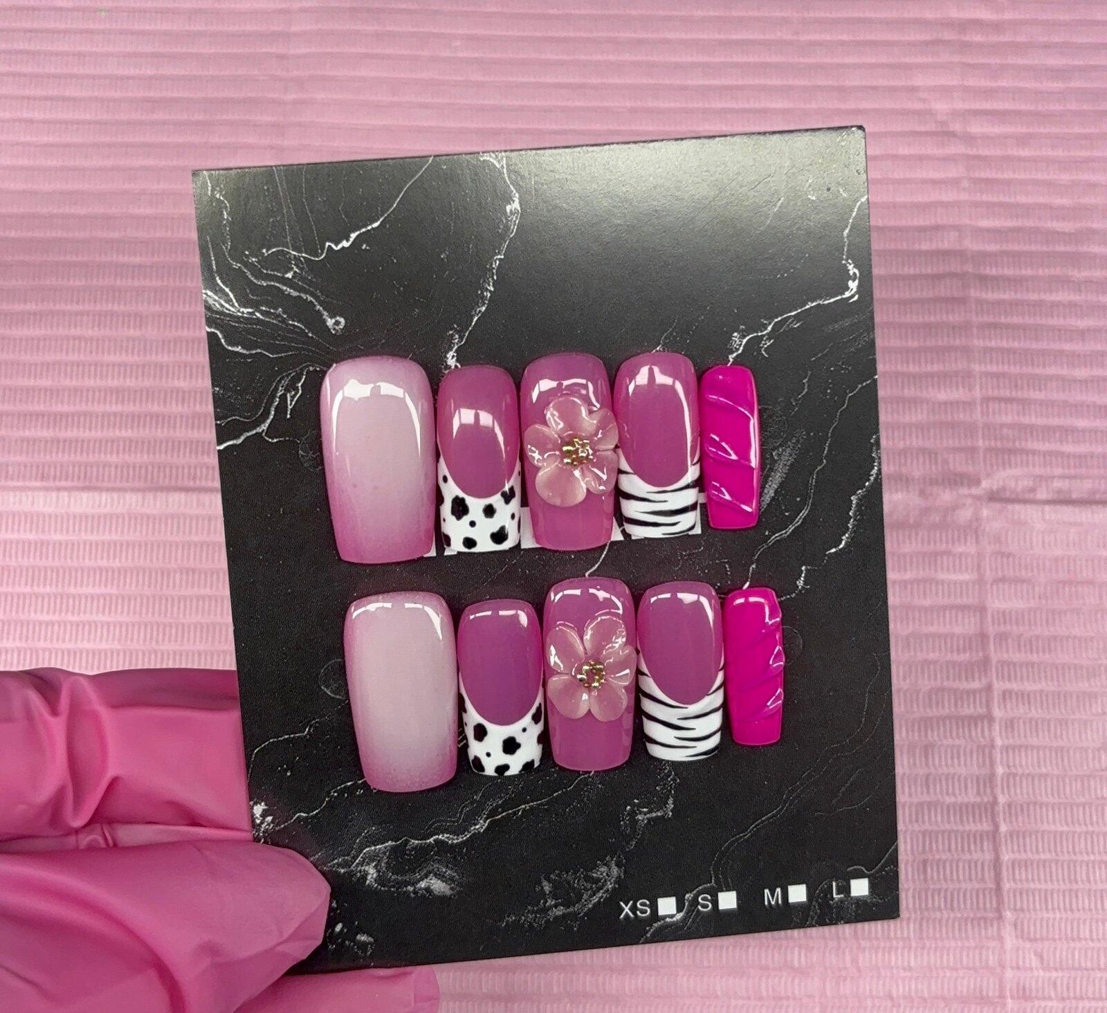 Medium square press on nails animal print 3d gel flower aura