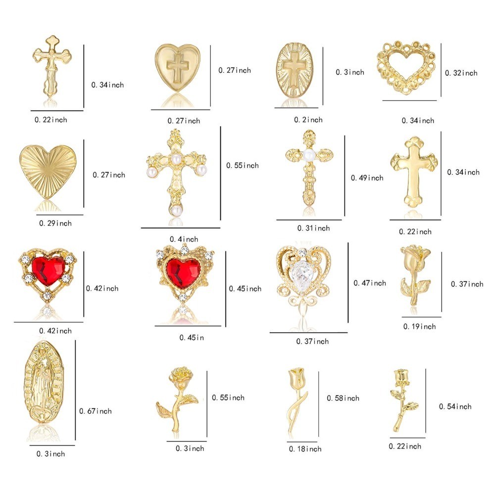 128PCS Gold Nail Charms Set with Rhinestones Gems Rose Hearts Cross and Virgin