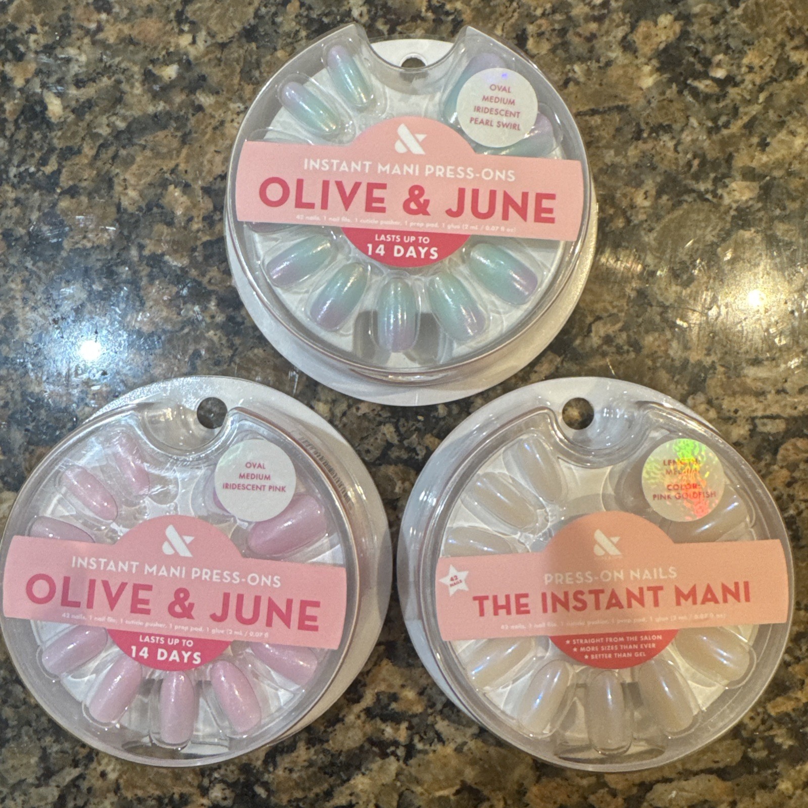 3 Lot Olive & June Press On Nails medium Iridescent Pearl Swirl Pink Goldfish
