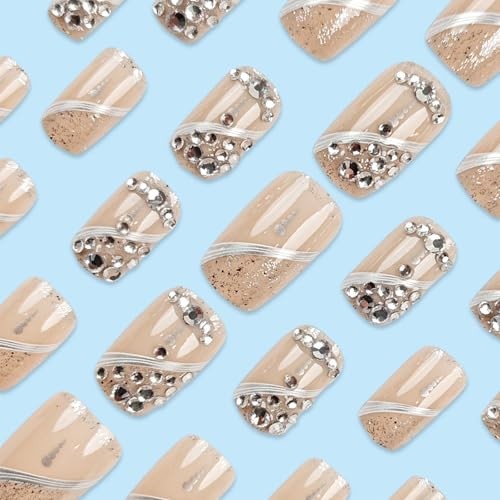 Silver Curve Line Press on Nails 24Pcs Rhinestones Stick on Nails Crystal Queen