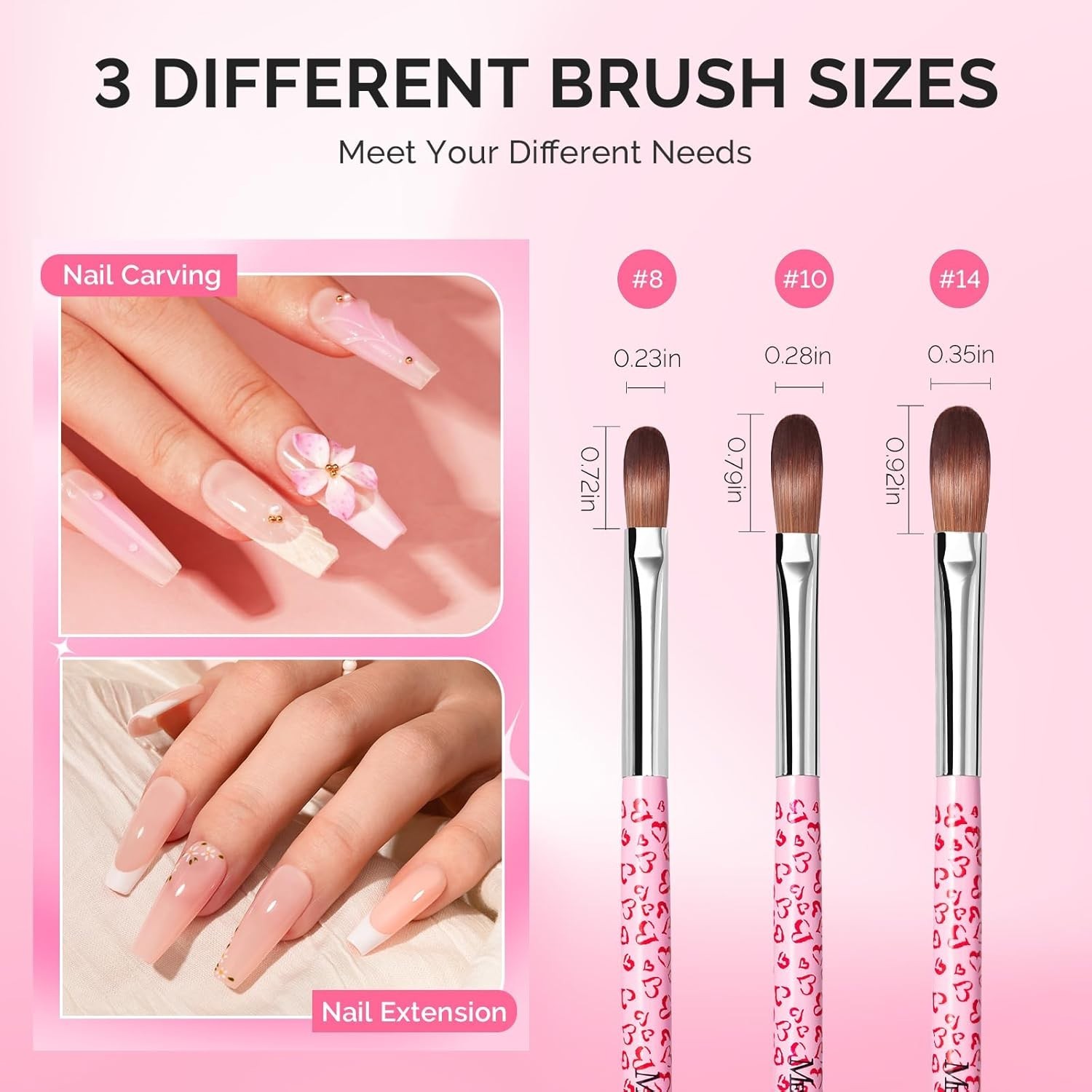 3-Piece Acrylic Nail Brush Set – Sizes 8/10/14 Professional Nail Art Tool for A