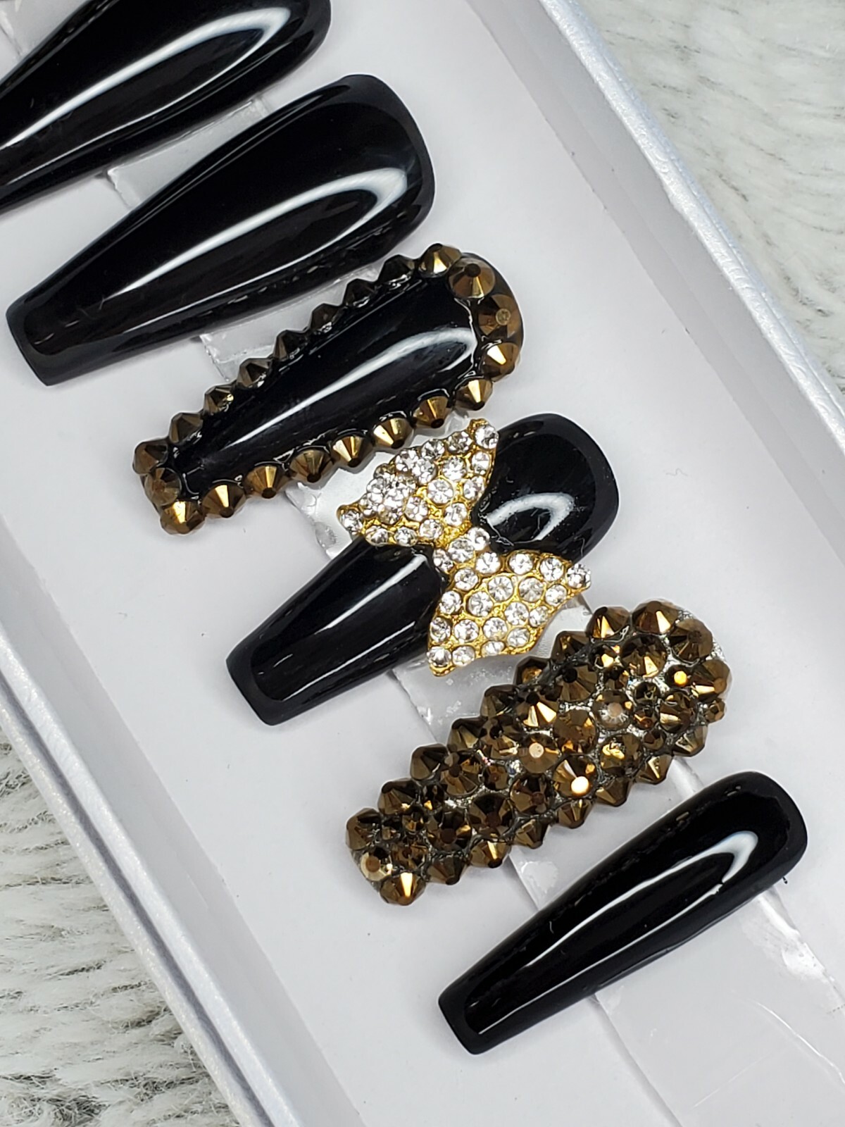 Black & gold bling long tapered ballerina press on nails diamond crystal bow