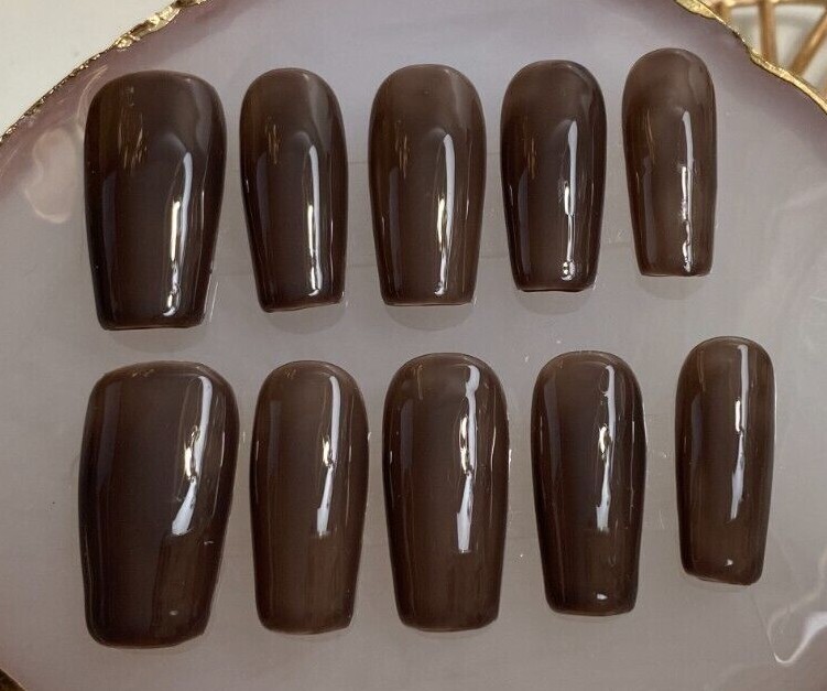 Dark Grey Hand Painted Nail Fake False Glue on nails