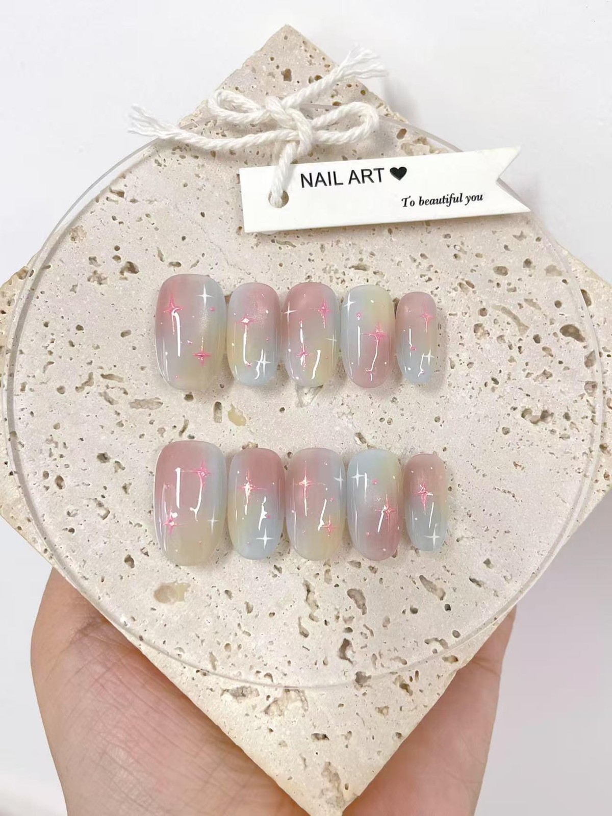 Handmade Pastel Pink Blue Yellow Gradient Glitter Medium Square Press on Nails