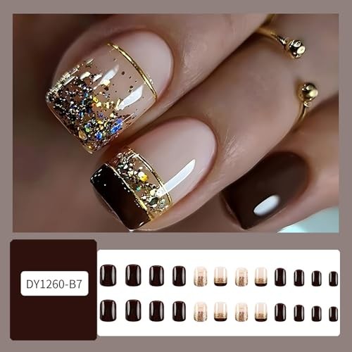 Press on Nails Short Length False Nails with Gold Foil Design Brown French